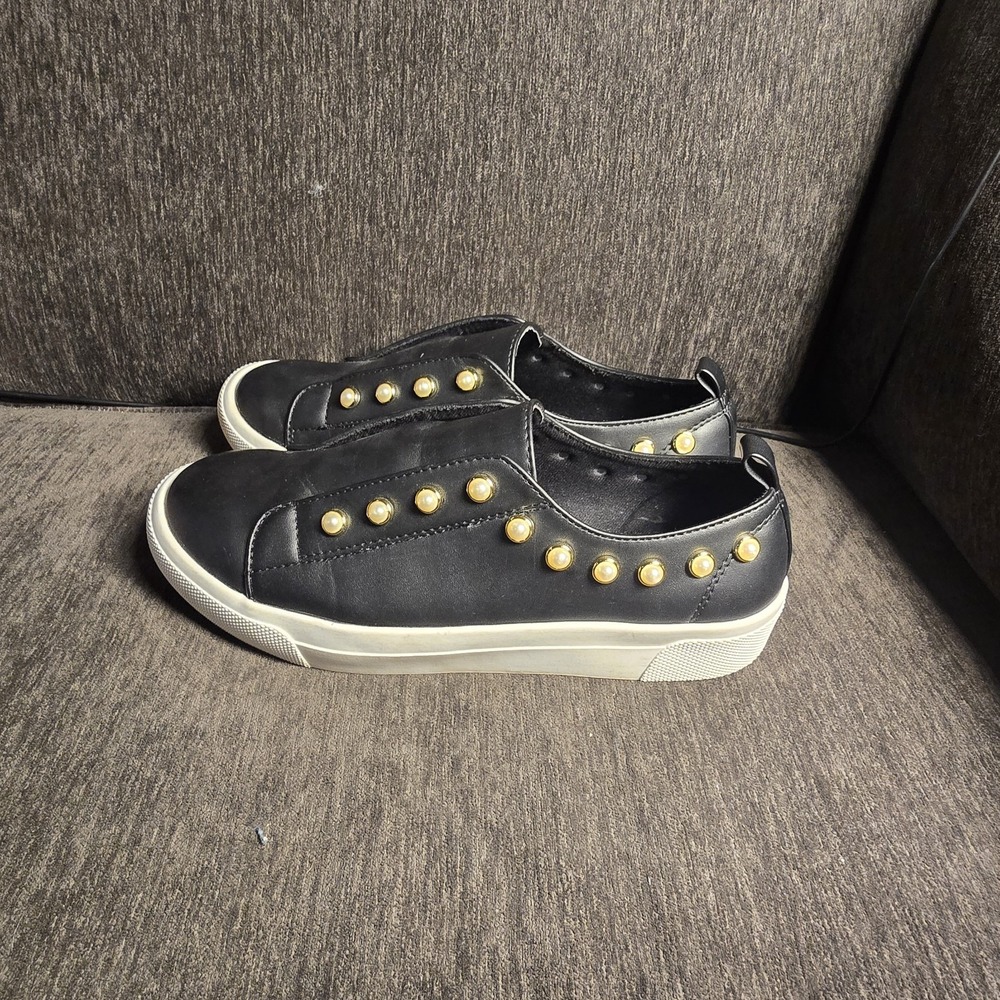 Angel Steps Womens 11 Black Faux Leather Pearl Studded Slip On Fashion Sneakers